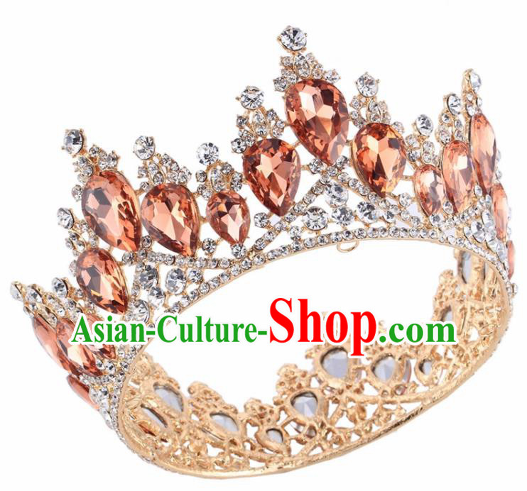 Top Grade Baroque Princess Retro Golden Round Royal Crown Bride Orange Crystal Wedding Hair Accessories for Women