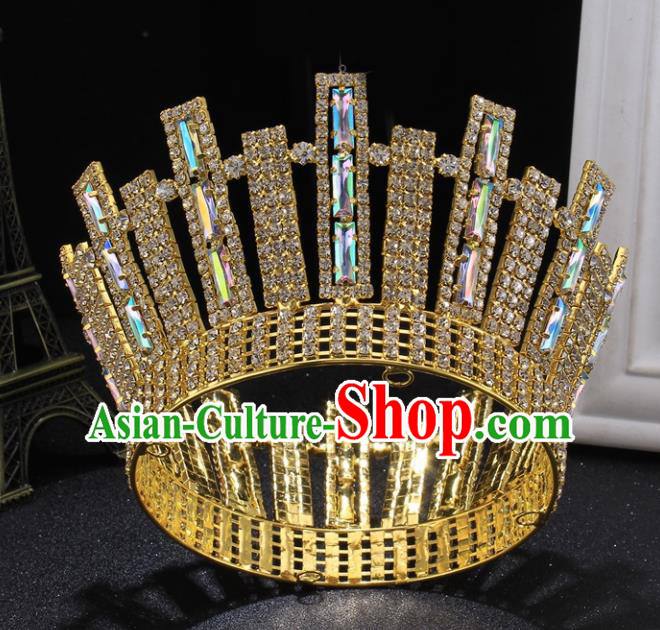 Top Grade Handmade Wedding Crystal Golden Round Royal Crown Baroque Retro Hair Accessories for Women