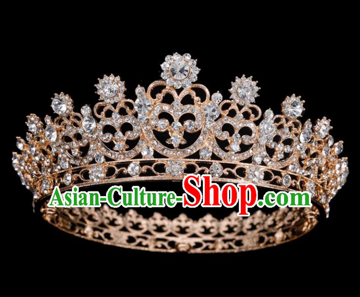 Top Grade Wedding Crystal Golden Round Royal Crown Baroque Retro Handmade Hair Accessories for Women