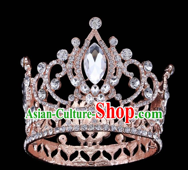 Handmade Wedding Queen Pink Crystal Royal Crown Baroque Retro Hair Accessories for Women