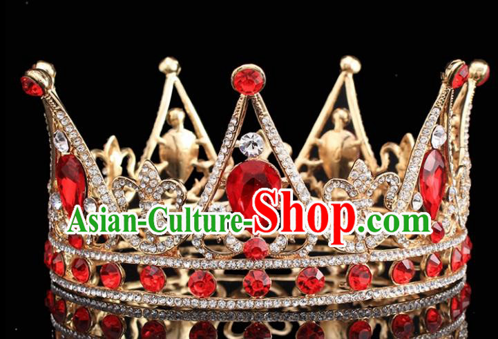 Handmade Bride Wedding Red Crystal Hair Jewelry Accessories Baroque Round Royal Crown for Women