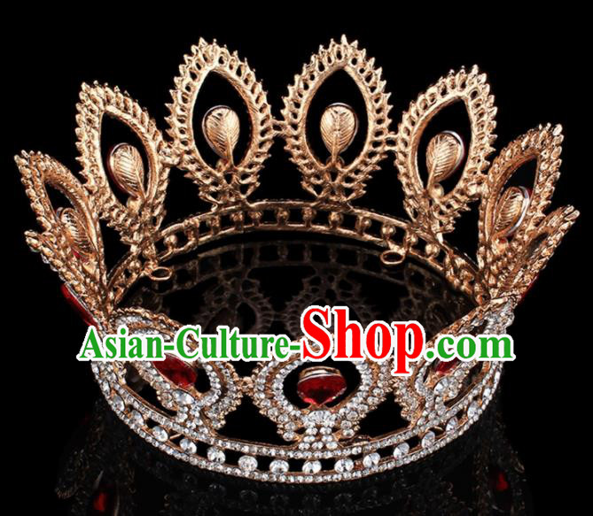 Top Grade Bride Wedding Hair Jewelry Accessories Baroque Red Crystal Round Royal Crown for Women