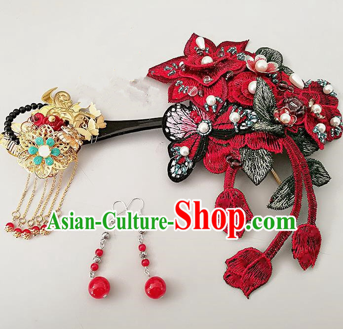 Chinese Ancient Han Dynasty Princess Hair Accessories Palace Red Embroidered Hairpins for Women