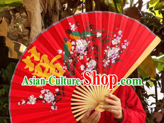 Chinese Traditional Handmade Red Silk Fans Decoration Crafts Ink Painting Magpie Plum Blossom Wood Frame Folding Fans