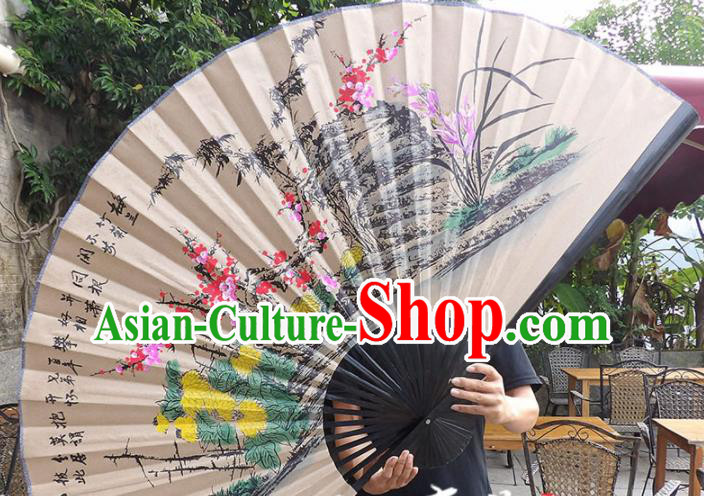 Chinese Traditional Crafts Black Frame Folding Fans Ink Painting Plum Blossom Orchid Bamboo and Chrysanthemum Paper Fans