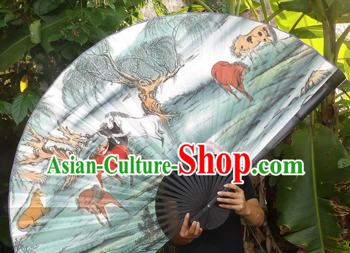 Chinese Traditional Crafts Black Frame Folding Fans Ink Painting Horses Paper Fans