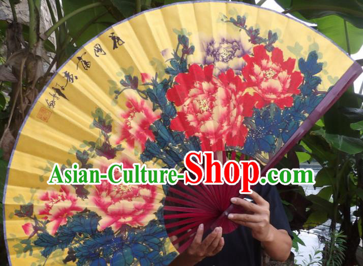 Chinese Traditional Fans Decoration Crafts Painting Wealth Peony Folding Fans Yellow Paper Fans
