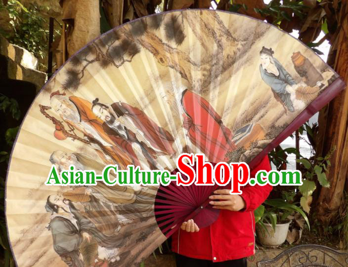 Chinese Traditional Fans Decoration Crafts Painting Wise Men Red Frame Folding Fans Paper Fans
