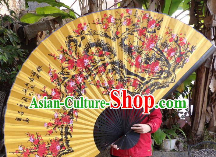 Chinese Traditional Fans Decoration Crafts Painting Plum Blossom Black Frame Folding Fans Yellow Silk Fans