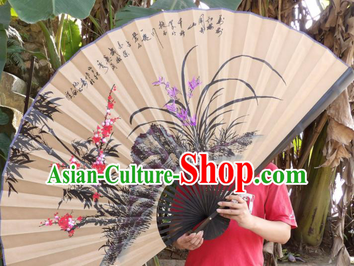 Chinese Traditional Handmade Paper Fans Decoration Crafts Ink Painting Plum Blossom Orchid Bamboo Black Frame Folding Fans