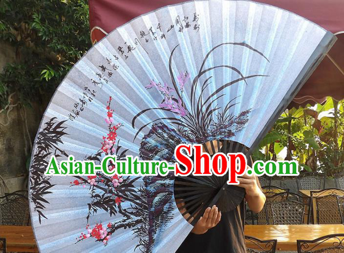 Chinese Traditional Handmade Silk Fans Decoration Crafts Ink Painting Plum Blossom Orchid Bamboo Black Frame Folding Fans