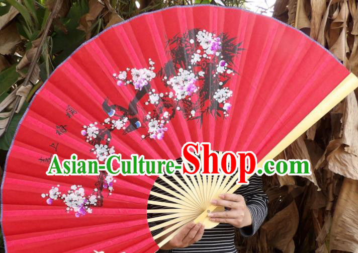 Chinese Traditional Handmade Red Silk Fans Decoration Crafts Painting Plum Blossom Magpie Wood Frame Folding Fans