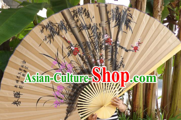 Chinese Traditional Handmade Paper Fans Decoration Crafts Ink Painting Plum Blossom Orchid Bamboo Wood Frame Folding Fans