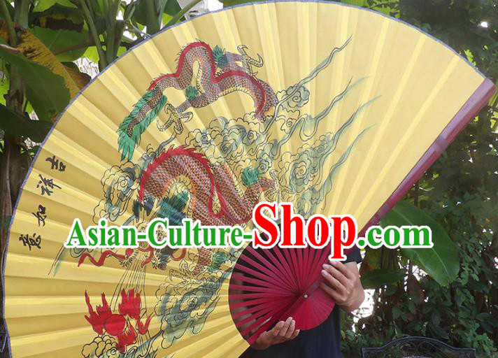 Chinese Traditional Handmade Yellow Silk Fans Decoration Crafts Ink Painting Dragon Red Frame Folding Fans