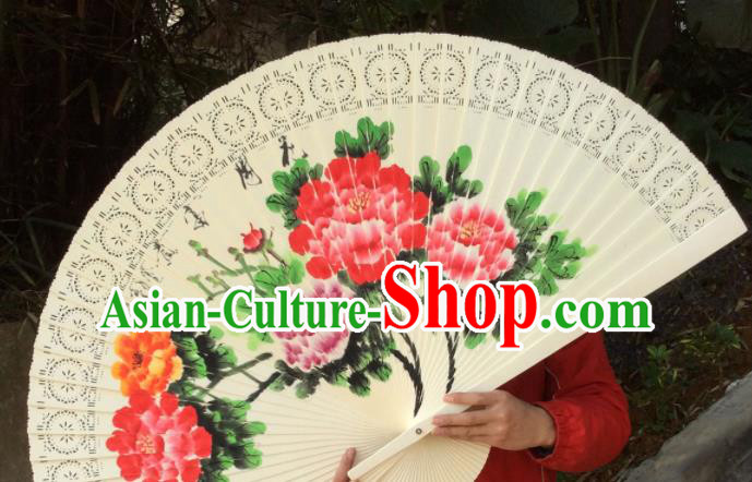 Chinese Traditional Handmade Wood Fans Decoration Crafts Ink Painting Peony Flowers Folding Fans