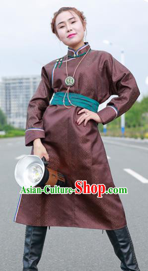 Chinese Mongol Minority Ethnic Costume Traditional Brown Brocade Mongolian Robe for Women
