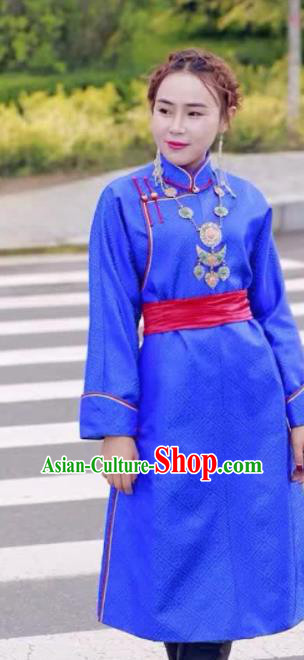 Chinese Mongol Minority Ethnic Costume Traditional Blue Brocade Mongolian Robe for Women