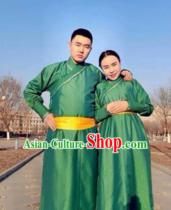 Chinese Mongol Minority Ethnic Costume Traditional Green Brocade Mongolian Robe for Women for Men