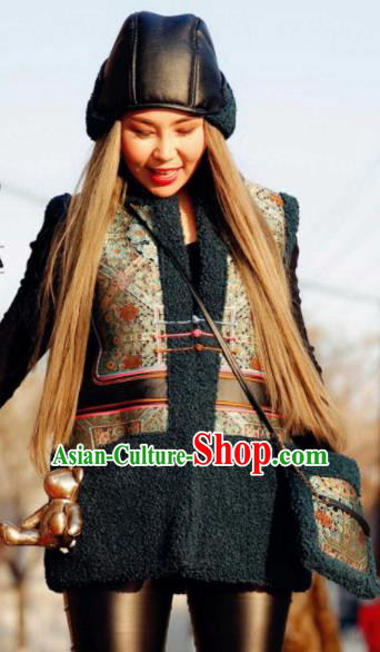 Chinese Traditional Mongol Ethnic Costume Mongolian Minority Nationality Black Vest for Women