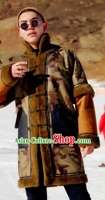 Chinese Traditional Mongol Ethnic Costume Mongolian Minority Nationality Suede Fabric Camouflage Coat for Men