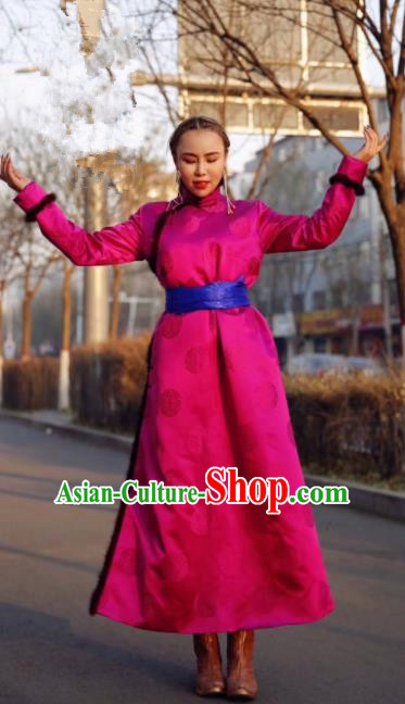 Chinese Traditional Mongol Ethnic Female Costume Mongolian Minority Nationality Rosy Robe for Women