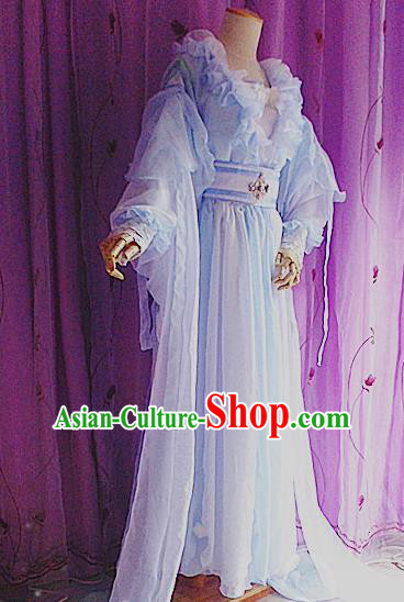 Traditional Chinese Cosplay Costumes Ancient Princess Embroidered Blue Hanfu Dress for Women