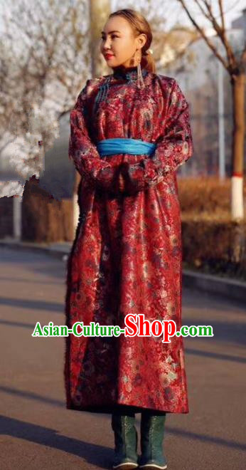 Chinese Traditional Mongol Ethnic Female Costume Mongolian Minority Nationality Red Robe for Women