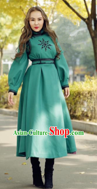 Chinese Traditional Mongol Minority Ethnic Costume Green Wool Mongolian Robe for Women