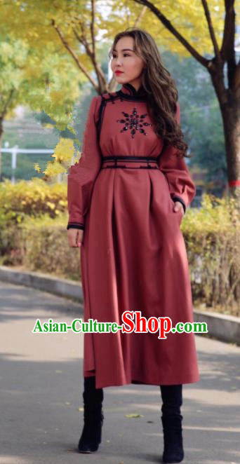 Chinese Traditional Mongol Minority Ethnic Costume Brownish Red Wool Mongolian Robe for Women