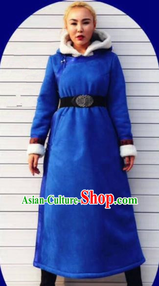 Chinese Traditional Mongol Minority Ethnic Costume Blue Suede Fabric Mongolian Dust Coat for Women