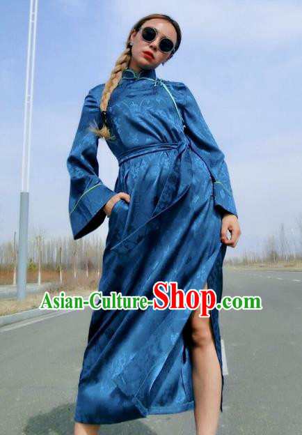 Chinese Traditional Mongol Ethnic Costume Mongolian Minority Nationality Blue Robe for Women