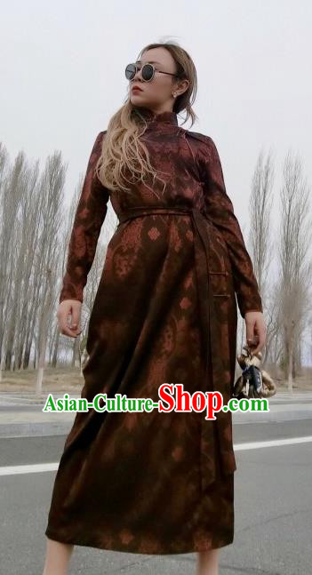 Chinese Traditional Mongol Ethnic Costume Mongolian Minority Nationality Brown Robe for Women