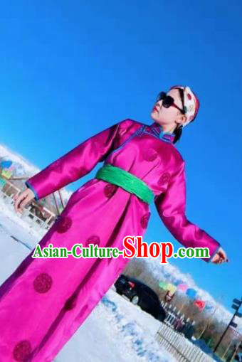 Chinese Mongol Minority Ethnic Costume Traditional Rosy Silk Mongolian Robe for Women