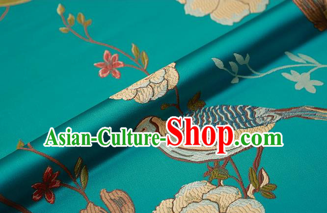 Asian Chinese Green Brocade Fabric Traditional Flowers Birds Pattern Design Satin Cushion Silk Fabric Material