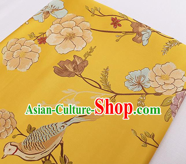 Asian Chinese Yellow Brocade Fabric Traditional Flowers Birds Pattern Design Satin Cushion Silk Fabric Material