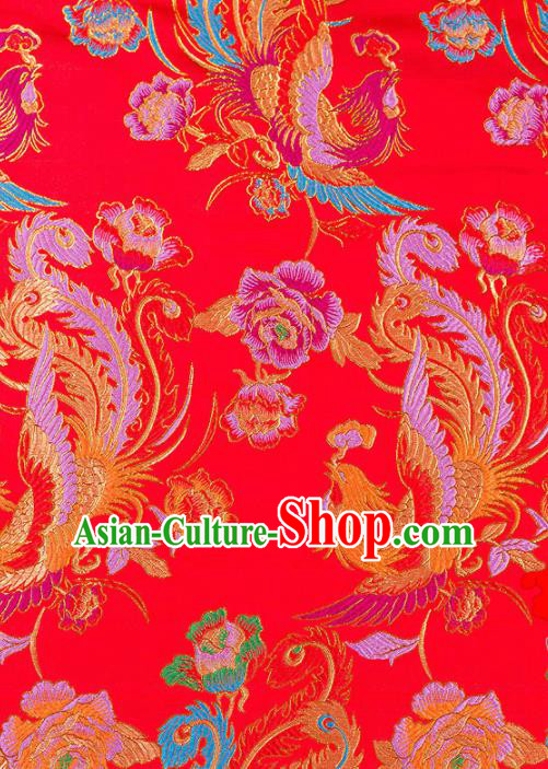 Asian Chinese Traditional Fabric Red Brocade Silk Material Classical Phoenix Peony Pattern Design Satin Drapery
