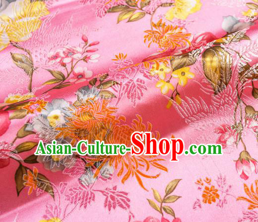 Traditional Chinese Classical Pink Satin Brocade Drapery Chrysanthemum Peony Pattern Design Qipao Dress Silk Fabric Material
