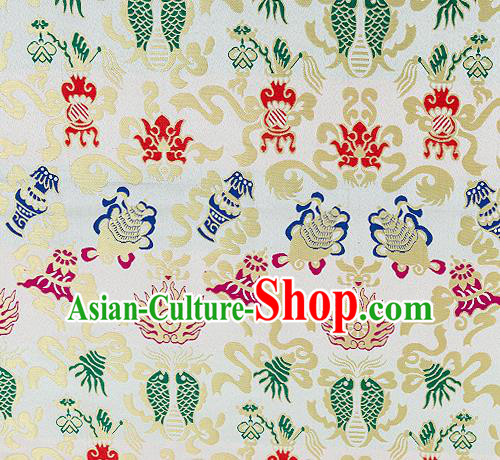 Traditional Chinese White Nanjing Brocade Drapery Classical Fishes Pattern Design Satin Qipao Dress Silk Fabric Material