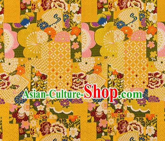Asian Japanese Traditional Fabric Yellow Brocade Silk Material Classical Pattern Design Satin Drapery