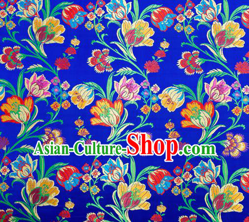 Asian Chinese Traditional Fabric Royalblue Brocade Silk Material Classical Tulipa Pattern Design Satin Drapery