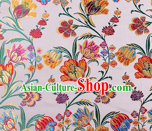 Asian Chinese Traditional Fabric White Brocade Silk Material Classical Tulipa Pattern Design Satin Drapery