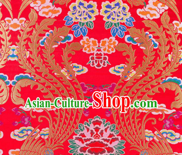 Asian Chinese Traditional Red Satin Fabric Tang Suit Nanjing Brocade Silk Material Classical Phoenix Peony Pattern Design Drapery