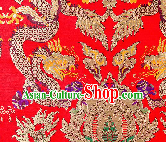 Asian Chinese Traditional Red Satin Fabric Tang Suit Nanjing Brocade Silk Material Classical Double Dragons Pattern Design Drapery