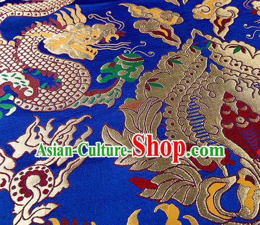 Asian Chinese Traditional Royalblue Satin Fabric Tang Suit Nanjing Brocade Silk Material Classical Double Dragons Pattern Design Drapery