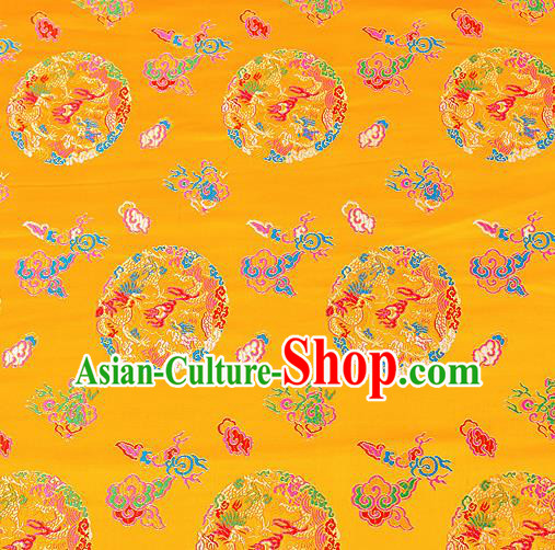 Asian Chinese Traditional Satin Fabric Tang Suit Yellow Brocade Silk Material Classical Clouds Dragons Pattern Design Drapery