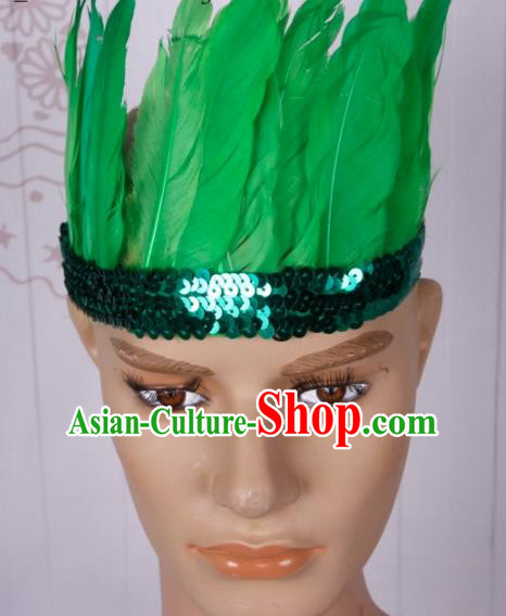 Halloween Catwalks Green Feather Hair Accessories Cosplay Primitive Tribe Feather Hat for Adults