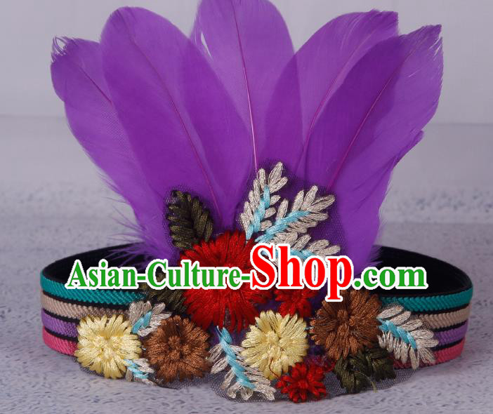 Halloween Catwalks Apache Knight Purple Feather Hair Accessories Cosplay Primitive Tribe Feather Hat for Adults