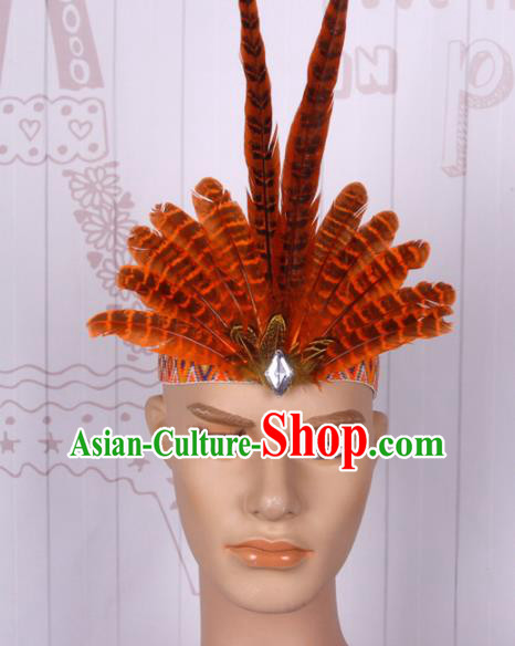 Halloween Catwalks Apache Chief Orange Feather Hair Clasp Cosplay Primitive Tribe Feather Hat for Adults