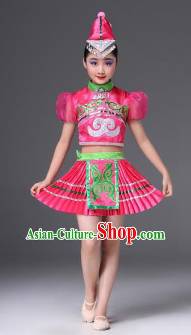 Chinese Traditional Ethnic Costumes Miao Nationality Folk Dance Rosy Dress for Kids