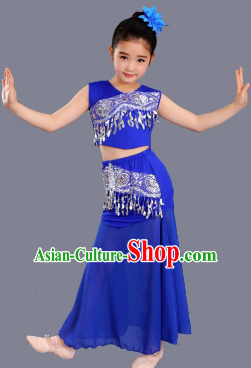 Chinese Traditional Ethnic Costumes Dai Nationality Folk Dance Pavane Royalblue Dress for Kids